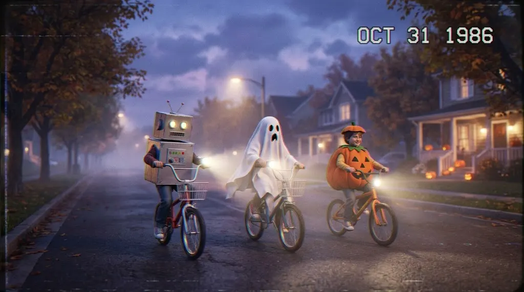 A worn VHS-style video frame of three kids in homemade 1980s costumes, a cardboard robot, a bedsheet ghost and a pumpkin, riding bikes with flashlights down a foggy suburban street at twilight, timestamped OCT 31 1986.