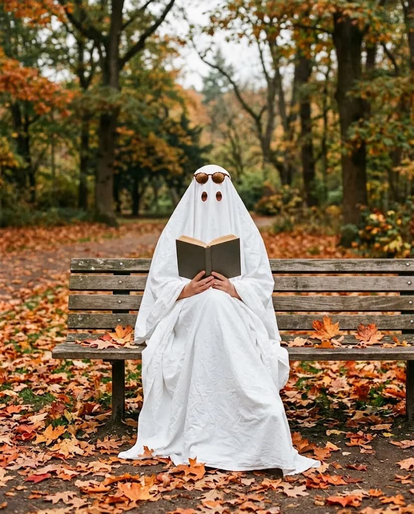 A person in a white bedsheet ghost costume with round eye holes and vintage sunglasses on top, sitting on a wooden park bench reading a book with a plain cover, surrounded by fallen orange maple leaves in an autumn park.