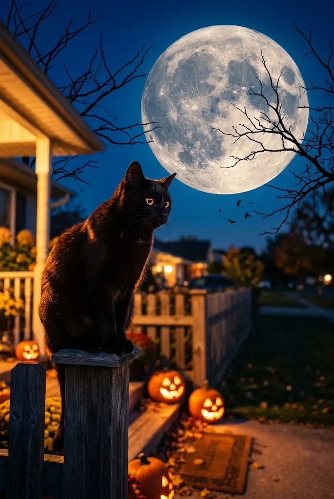A black cat with amber eyes sitting on a wooden fence post under a huge full moon, bare branches and small bats in a deep blue night sky, with glowing jack-o'-lanterns on a porch behind it.