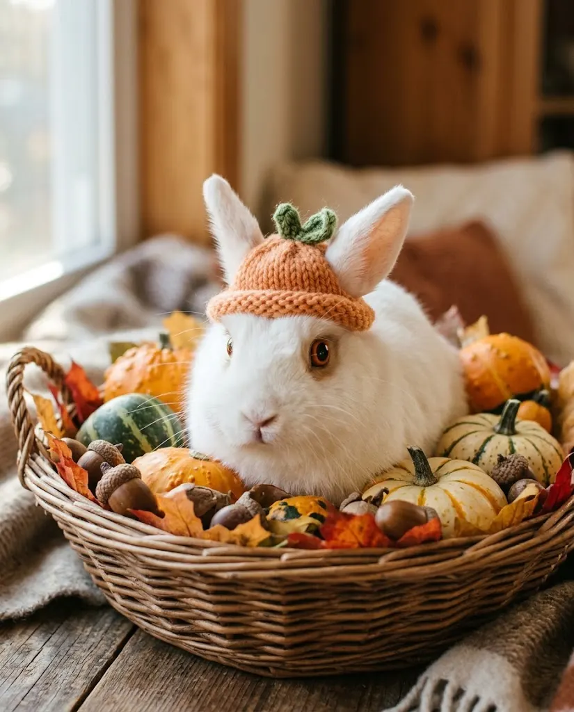 A fluffy white bunny wearing a small knitted orange pumpkin hat, sitting in a wicker basket filled with mini gourds, acorns and autumn leaves, lit by soft window light.