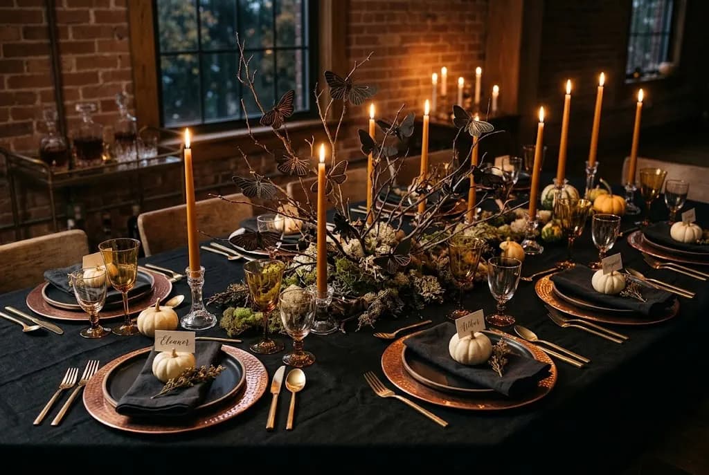 A long candlelit Halloween dinner table with a black linen tablecloth, copper charger plates, gold cutlery, mini white pumpkins holding place cards, tall amber taper candles and a centerpiece of bare branches, moss and black paper moths.