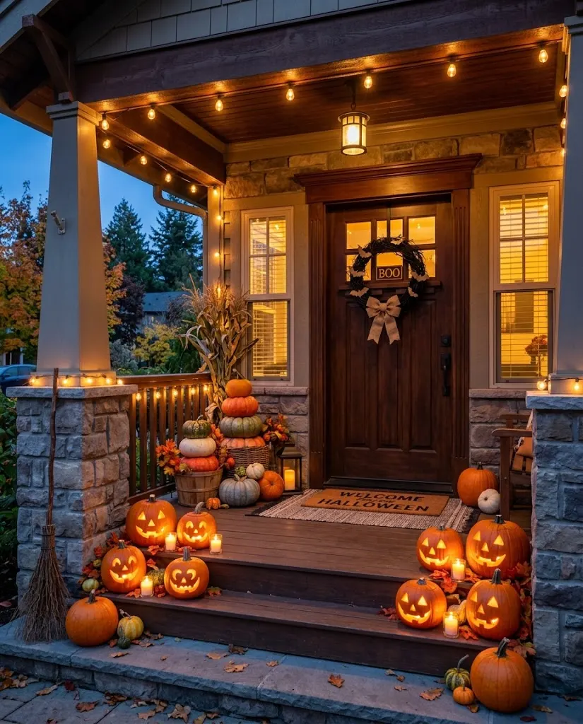 A craftsman-style front porch at blue hour decorated for Halloween, with glowing jack-o'-lanterns on the steps, stacked orange, white and green pumpkins, a twig wreath with paper bats, a straw broom and warm string lights along the beams.