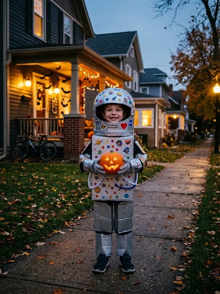 A smiling child in a homemade cardboard astronaut costume with a silver helmet covered in star, planet and heart stickers, holding a glowing jack-o'-lantern on a suburban sidewalk at dusk, with porches decorated with paper bats behind.