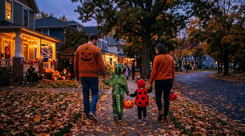 A family of four seen from behind trick-or-treating at dusk on a leaf-covered sidewalk: parents in matching jack-o'-lantern sweaters holding hands with a child in a green dragon costume and a toddler dressed as a ladybug, porches glowing with pumpkins.